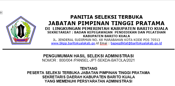 Pengumuman Hasil Seleksi Administrasi Selter JPT Sekda Barito Kuala 2021