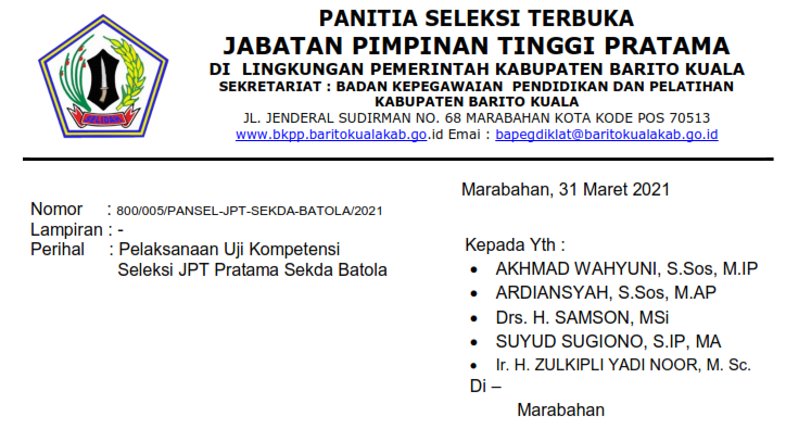 Undangan Assesment Test Selter JPT Pratama Sekdakab Batola