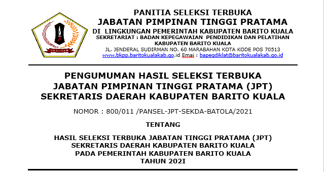 Pengumuman Hasil Seleksi JPT Pratama Sekdakab Batola 2021