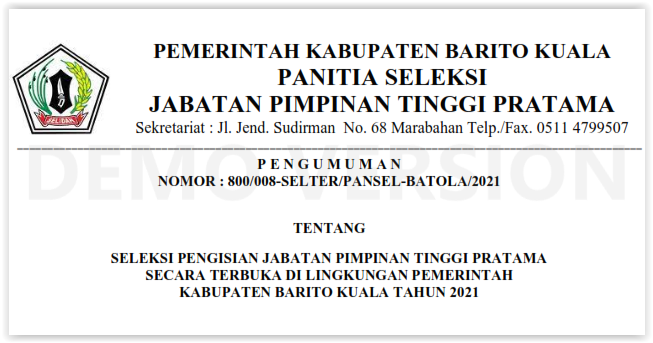 Pengumuman Seleksi Terbuka JPTP Pemkab Barito Kuala 2021