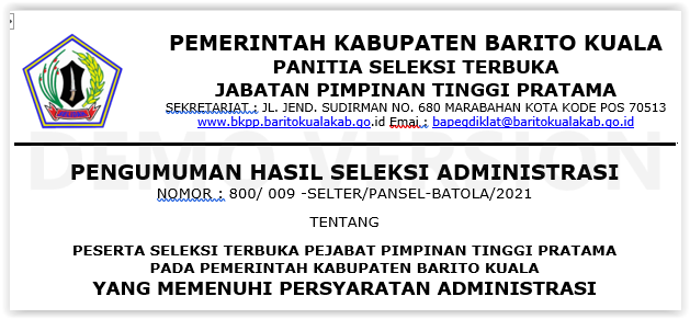 Pengumuman Hasil Seleksi Administrasi Seleksi Terbuka JPT Pratama Kab. Barito Kuala Tahun 2021