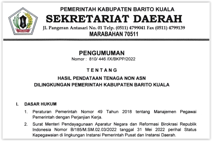 Pengumuman Hasil Pendataan Non ASN Kab. Barito Kuala